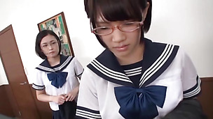 Frisky Tokyo schoolgirls give head and lick ass of a cute guy