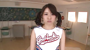 Sexy cheerleader Ran Usagi with side bangs finds a big cock to suck