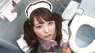 Japanese maid Yui Sasaki sucks cock in pov on a toilet