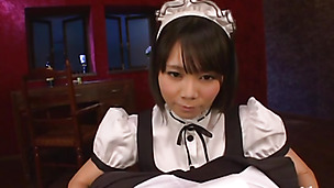 Maid cosplay blowjob gets a wad of cum facial Yui Tsubaki